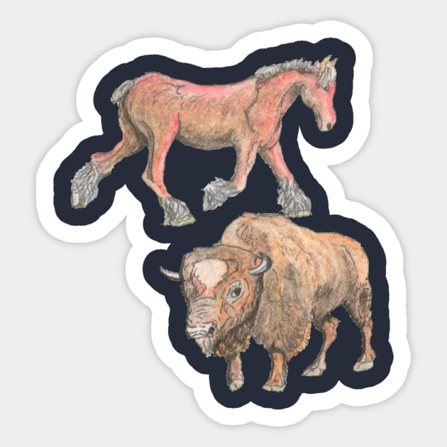 Crash of Rhinos Bison and Horse Sticker by AJ Leibengeist